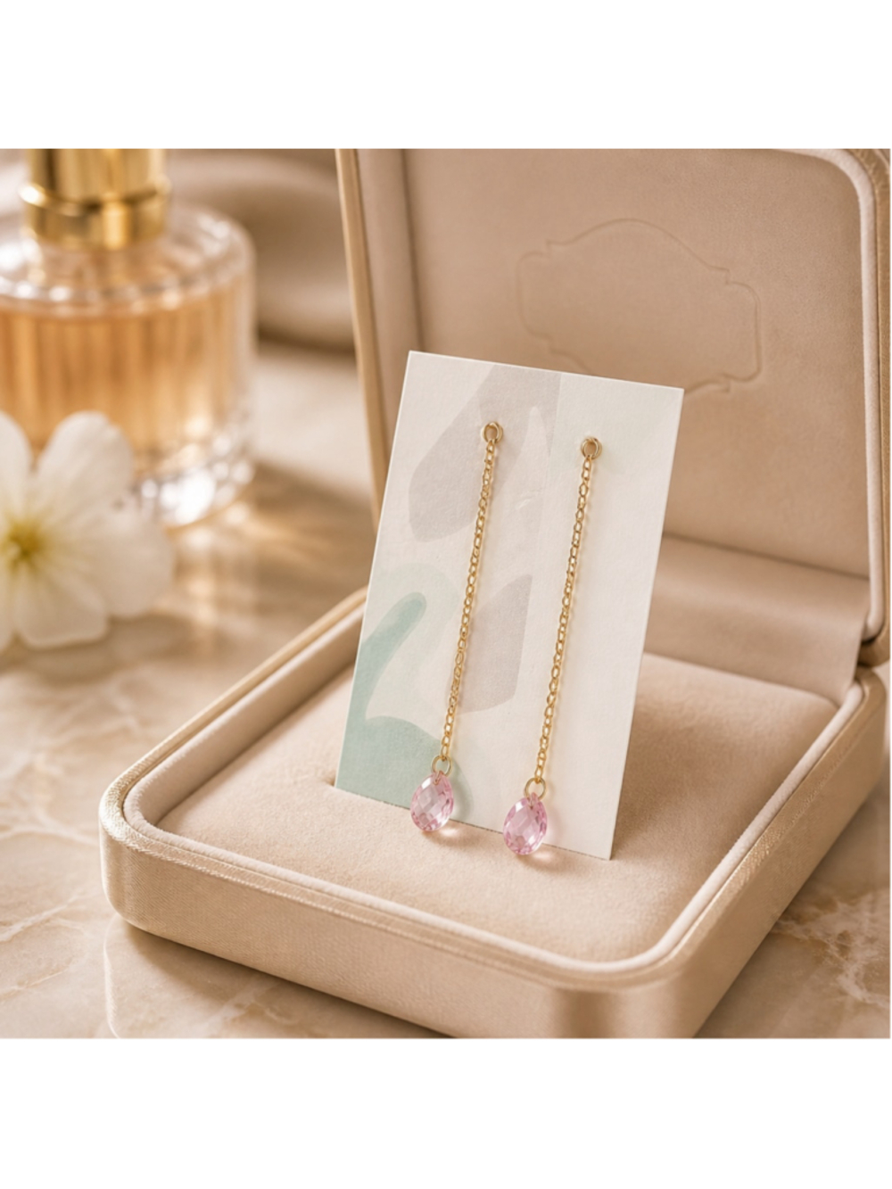 Luxe Gold Chain Threader Drop Earrings with Pink Teardrop Stones Fairy Dainty